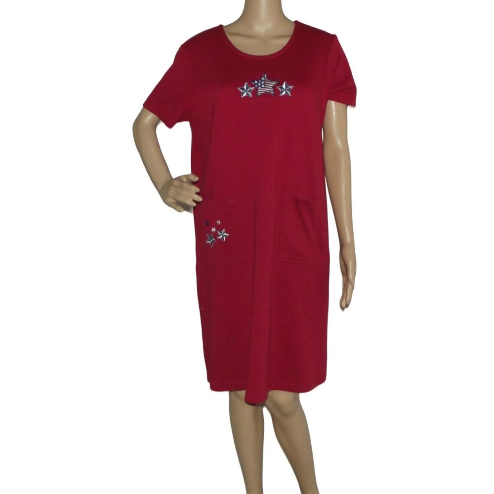 Bonnie Evans Dress Large red knit pullover casual shift pockets Patriotic Flag